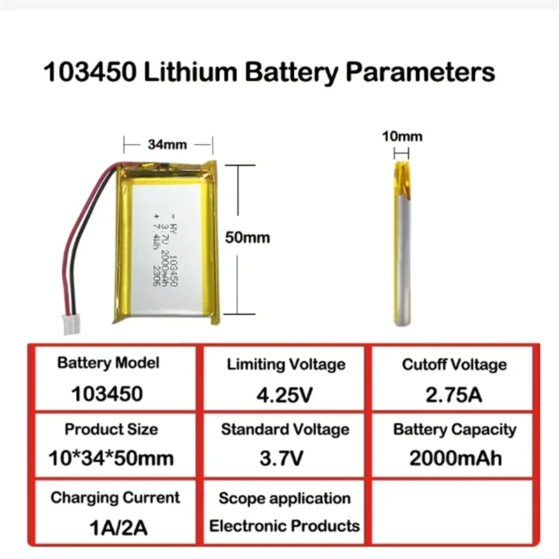 103450 3.7V 2000mAh Polymer Lithium Rechargeable Battery jst PH 2.0mm 2pin plug for Camera GPS navigator MP5 Bluetooth Headset