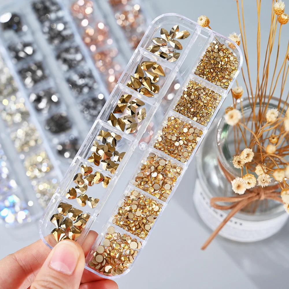 12Grids 3D Gold/Champagne Nail Art Rhinestones Mixed-Shapes Flat-Back Glass Diamonds Nails Charms Luxury DIY Manicure Decoration