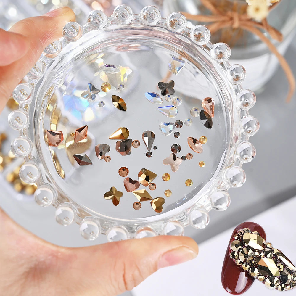 12Grids 3D Gold/Champagne Nail Art Rhinestones Mixed-Shapes Flat-Back Glass Diamonds Nails Charms Luxury DIY Manicure Decoration