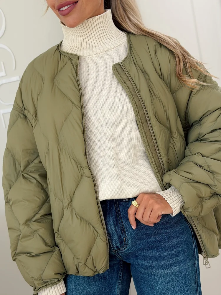 Women Diamond Quilted Puffer Jacket Stand Collar Zip Up Loose Oversized Short Coat 2026 Autumn Winter Casual Street Outerwear
