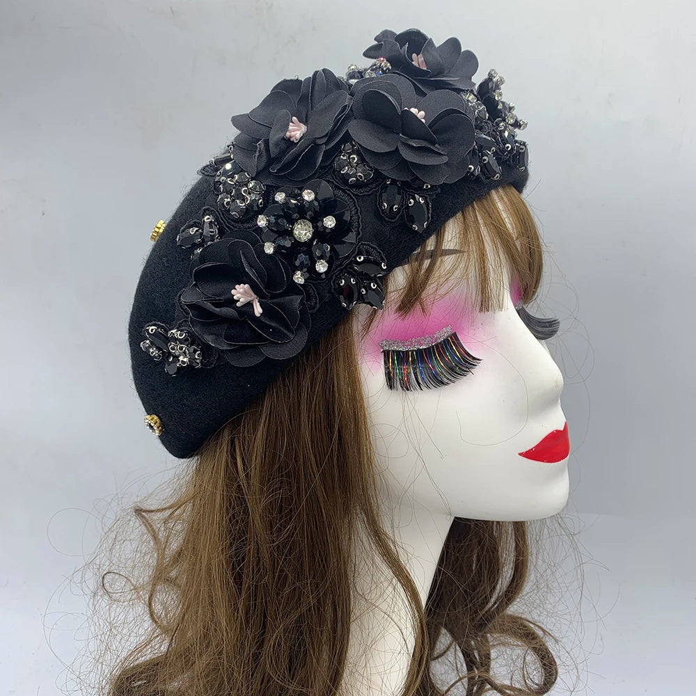 Winter Unique Designer Berets for Women Luxury Rhinestone Bouquet Turban Cap Exaggerated Painter Hat Female Winter Headpiece