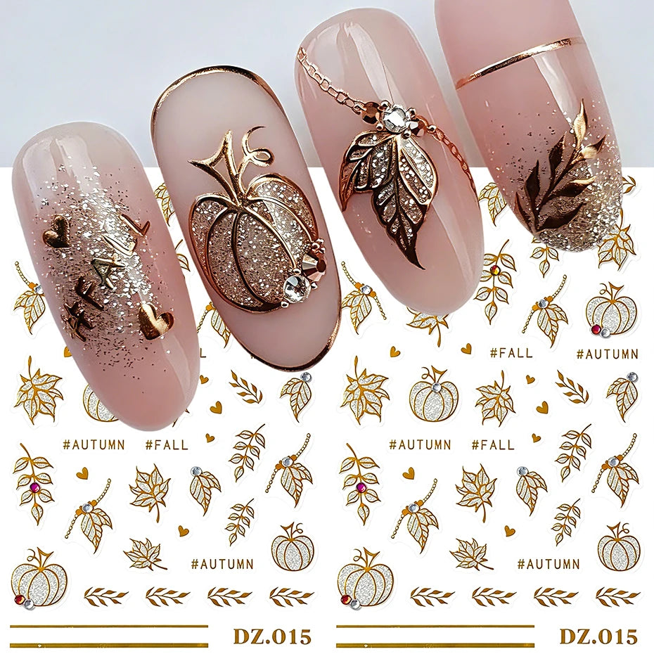 2pcs Golden Pumpkin Maple Leaf Nail Stickers Shiny Nail Art Decals Autumn Fall Mini Heart Leaves Manicure Decoration Accessories