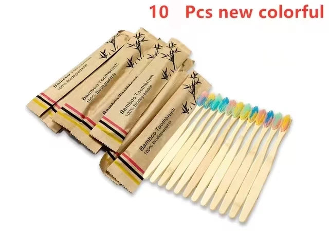 10Pcs Bamboo Toothbrush Eco Friendly Wooden Tooth Brush Soft Bristle Tip Charcoal Adults Oral Care Toothbrushes Hotel Travel