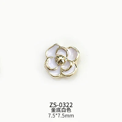10PCS Glossy White Black Dimaonds Pearls Gold Edge Camellia Rose Flowers Metal Nail Art Rhinestones Jewelry Manicure Decorations