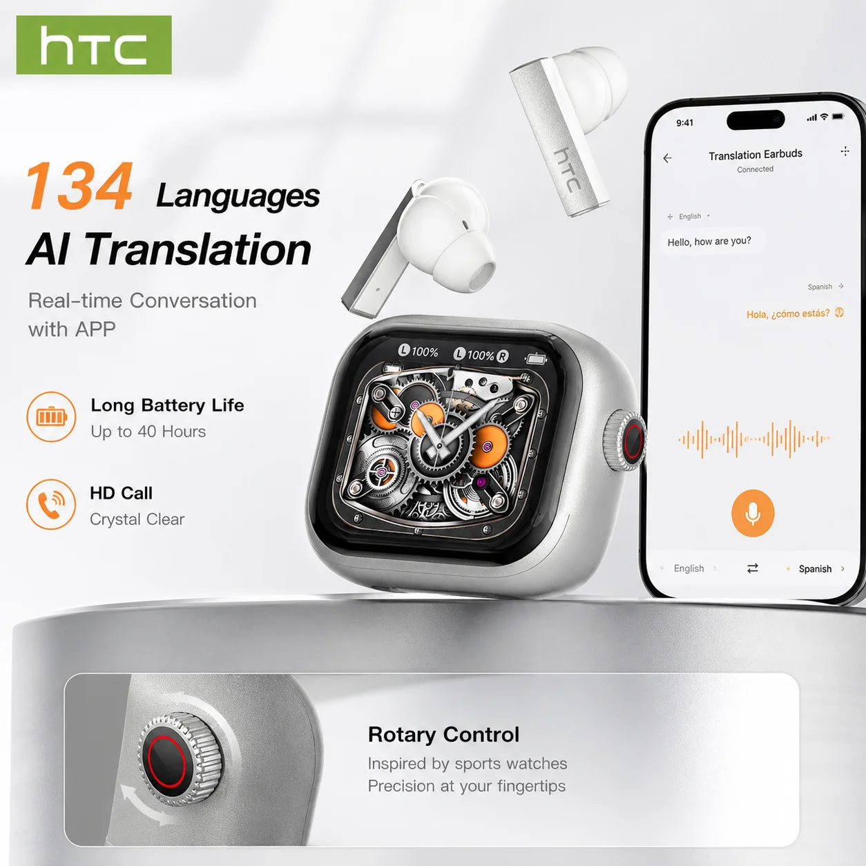 [Ultra HD Screen] HTC NE40 Earphones Bluetooth V6 TWS Sports Wireless Headphones AI Translator Earbud In-Ear Noise Reduction Mic