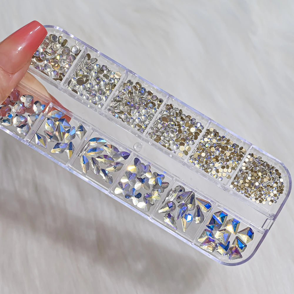 12Grids 3D Gold/Champagne Nail Art Rhinestones Mixed-Shapes Flat-Back Glass Diamonds Nails Charms Luxury DIY Manicure Decoration