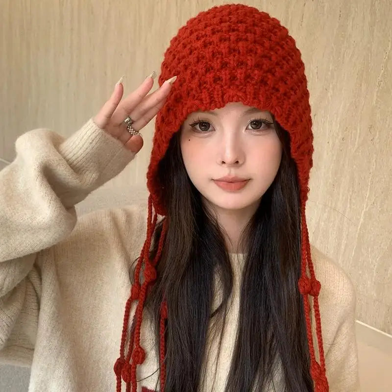 Christmas Winter Wool Tassel Knitted Ear Protection Hat For Women Winter Warm Crochet Earmuffs Caps Girl Pullover Beanie Bonnet