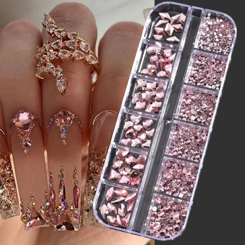 12Grids 3D Gold/Champagne Nail Art Rhinestones Mixed-Shapes Flat-Back Glass Diamonds Nails Charms Luxury DIY Manicure Decoration