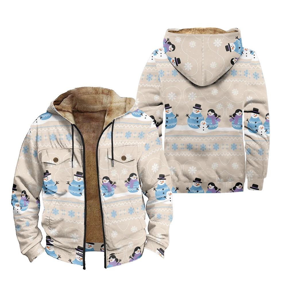 Winter Holiday Daily Wear Christmas Bells Warm Jackets Hooded Coats Print Plush Thick Hunting Farmer Windproof  Unisex Outerwear