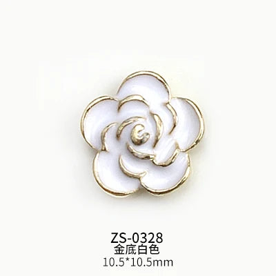 10PCS Glossy White Black Dimaonds Pearls Gold Edge Camellia Rose Flowers Metal Nail Art Rhinestones Jewelry Manicure Decorations