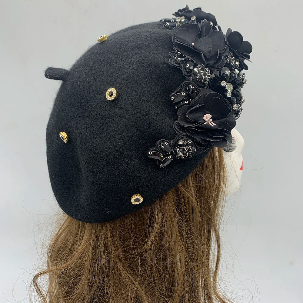Winter Unique Designer Berets for Women Luxury Rhinestone Bouquet Turban Cap Exaggerated Painter Hat Female Winter Headpiece