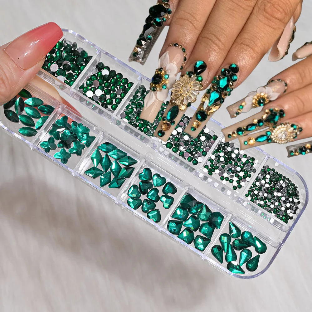 12Grids 3D Gold/Champagne Nail Art Rhinestones Mixed-Shapes Flat-Back Glass Diamonds Nails Charms Luxury DIY Manicure Decoration