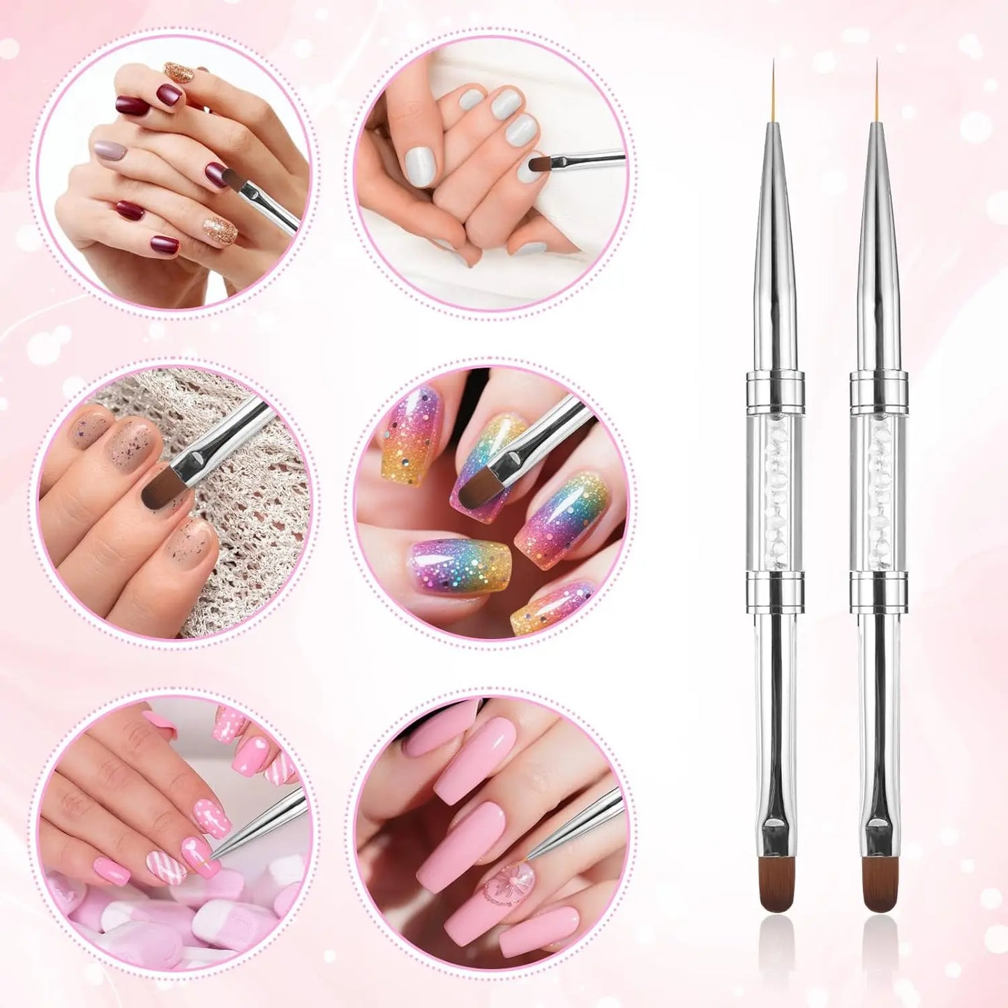 1/2/3Pcs Double Ended Nail Art Brush Set Oval Gel Liner Poly Gel with Steel Pusher Rhinestone Handle French Manicure UV Gel