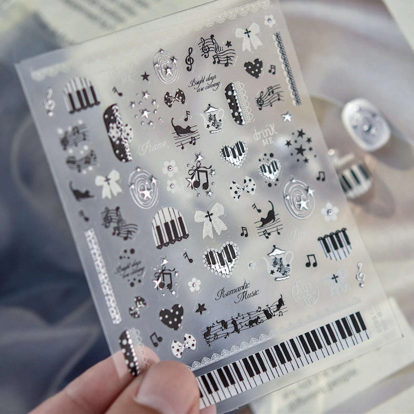Black White Piano Note Nail Stickers Retro Music Style Sweet And cool Nail Stickers 3D Self-adhesive Nail Art Decorative Decals