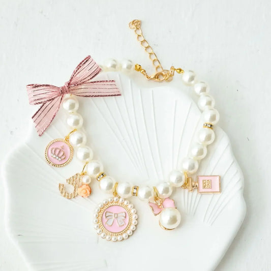 Pet Bow Pearl Collar Cat Jewelry  Chihuahua Accesorios Pendant Princess Necklace Dog Sweet Decorations Puppy Rhinestone Collar