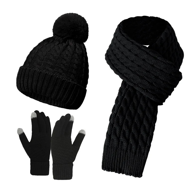 Women Winter 3Pcs Set Pom Pom Beanie Hat Scarf Touch Screen Gloves Sequin Knitted Warm Outdoor Accessories Christmas Gifts