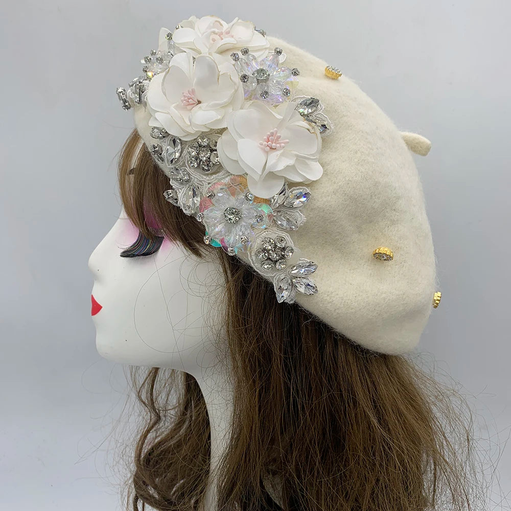 Winter Unique Designer Berets for Women Luxury Rhinestone Bouquet Turban Cap Exaggerated Painter Hat Female Winter Headpiece