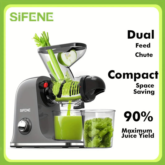 SiFENE Cold Press Juicer - Slow Masticating, High Yield for Fruits & Veggies, Dual-Mouth, Anti-Clog, Easy Clean, BPA-Free, Gray