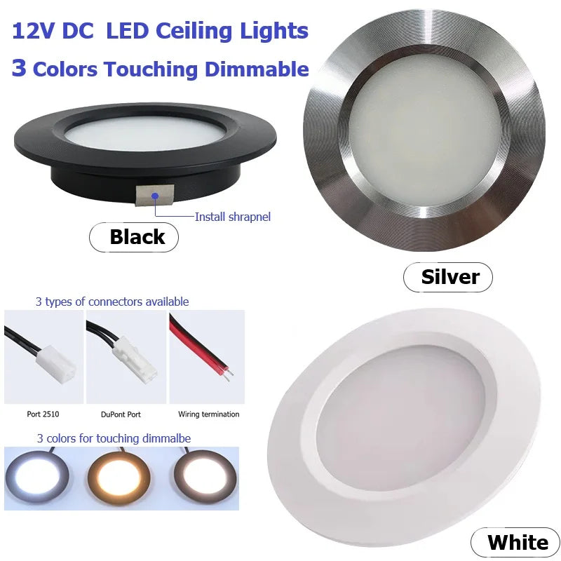 Φ68mm 12V DC Touch Dimming Cabinet Lights,3Colors Dimmer LED Down Lamp, Embedded Installation with Shrapnel for Camper,Yacht,RV