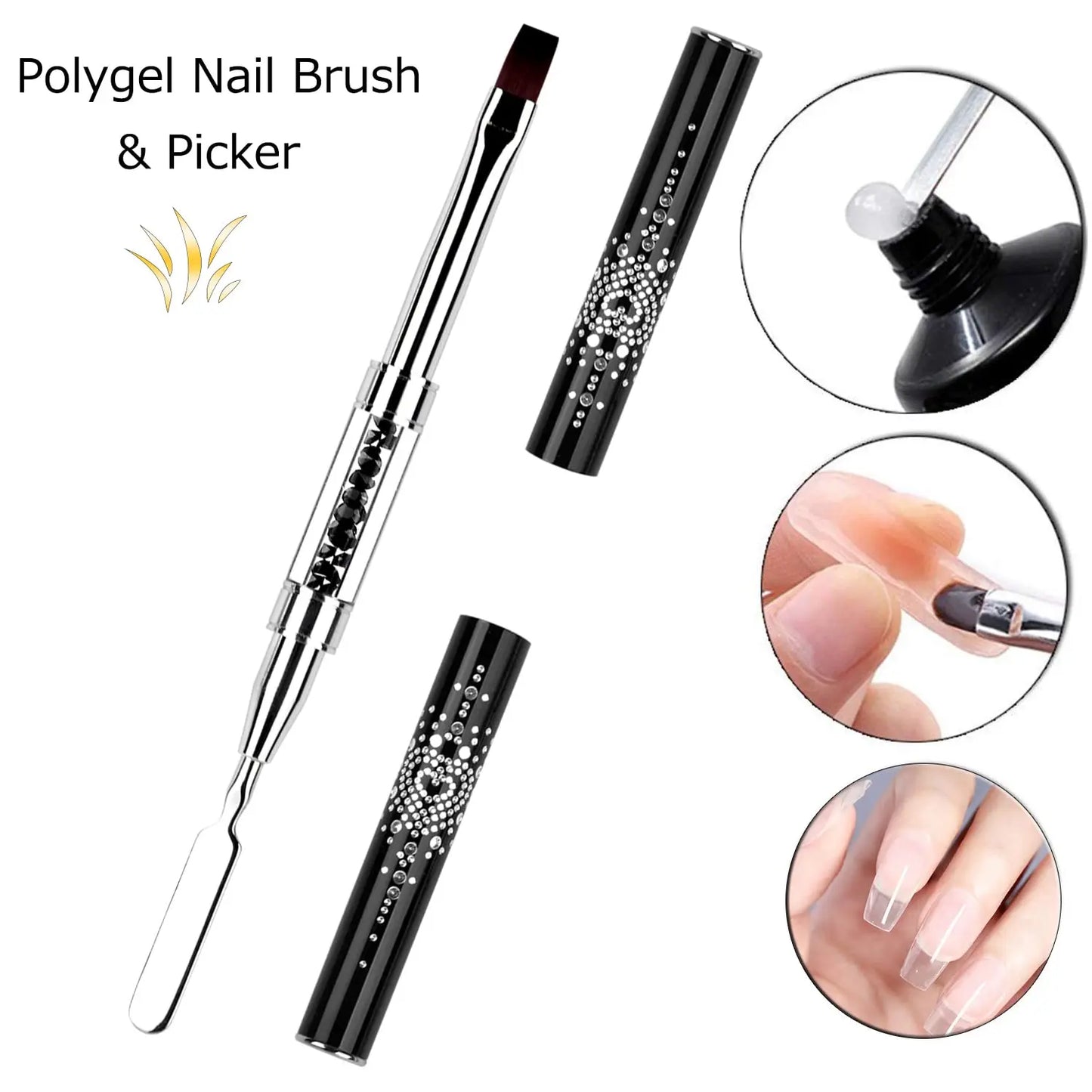 1/2/3Pcs Double Ended Nail Art Brush Set Oval Gel Liner Poly Gel with Steel Pusher Rhinestone Handle French Manicure UV Gel