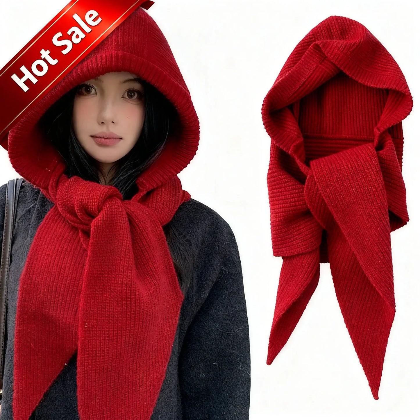 Winter Hats for Women Knitted Polyester Hooded Scarf Hat for Women Balaclava Knit Skull Cap Beanie Hat
