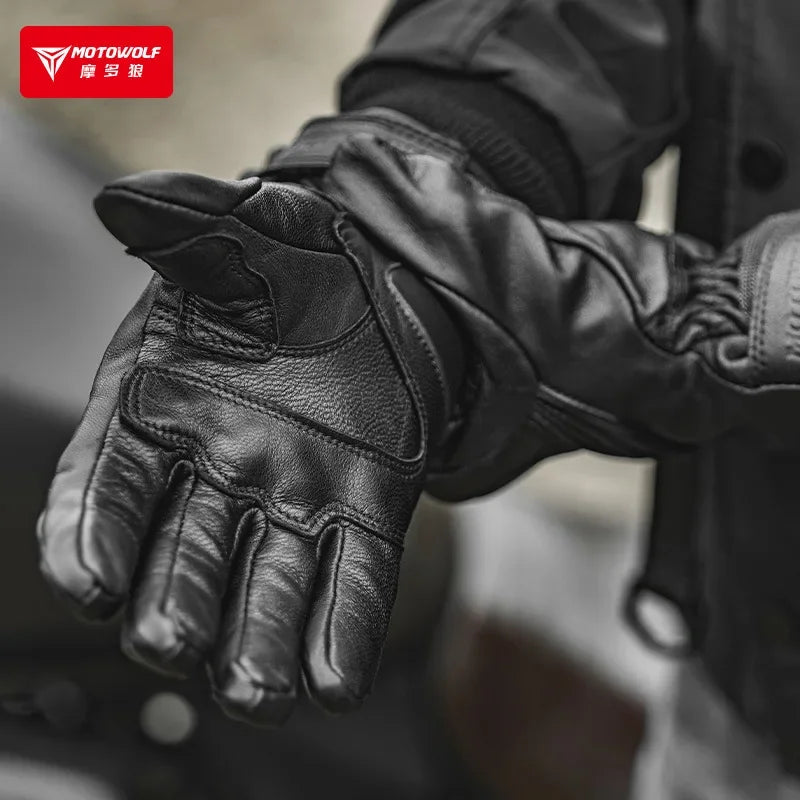 Motowolf Winter Motorcycle Bike Warmer Gloves Windproof Thermal Touch Screen for Men Women Genuine Leather Riding Accessories