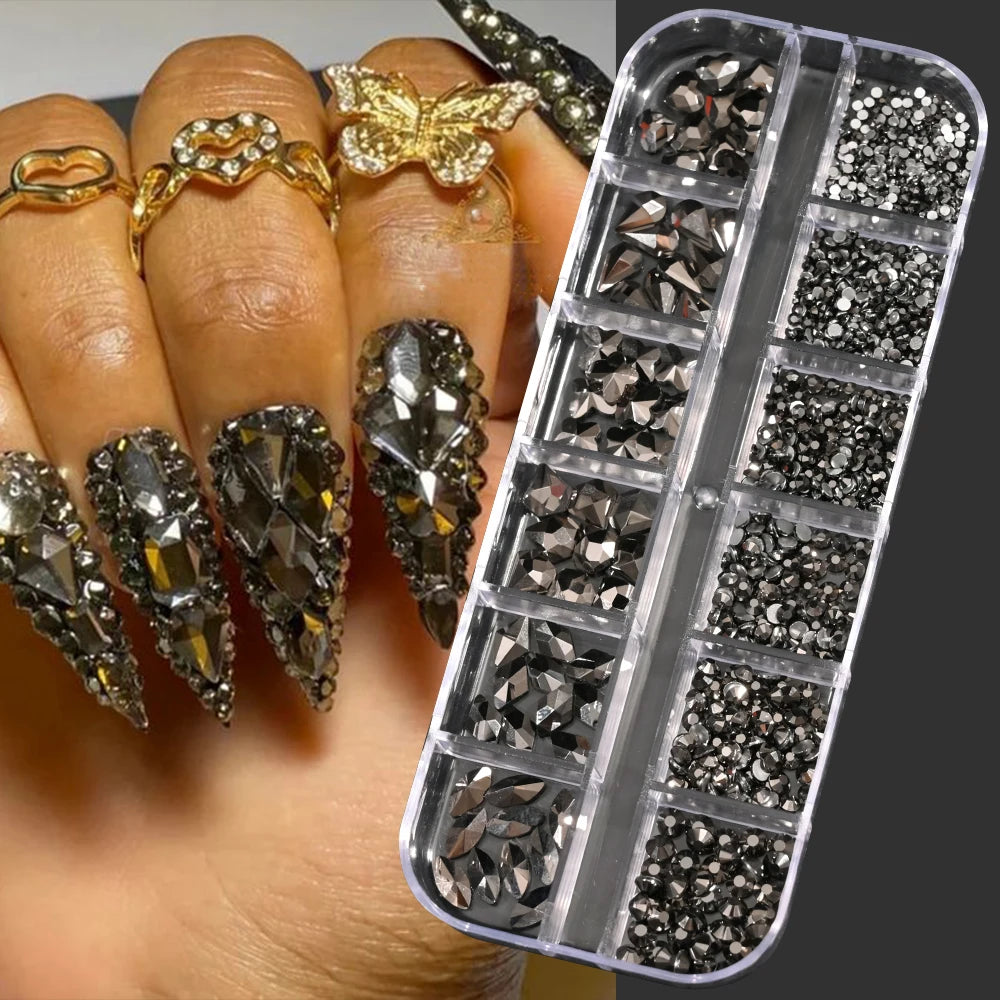 12Grids 3D Gold/Champagne Nail Art Rhinestones Mixed-Shapes Flat-Back Glass Diamonds Nails Charms Luxury DIY Manicure Decoration