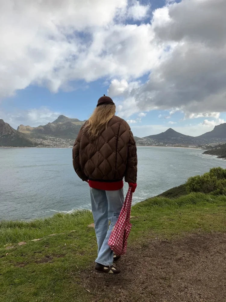 Women Diamond Quilted Puffer Jacket Stand Collar Zip Up Loose Oversized Short Coat 2026 Autumn Winter Casual Street Outerwear