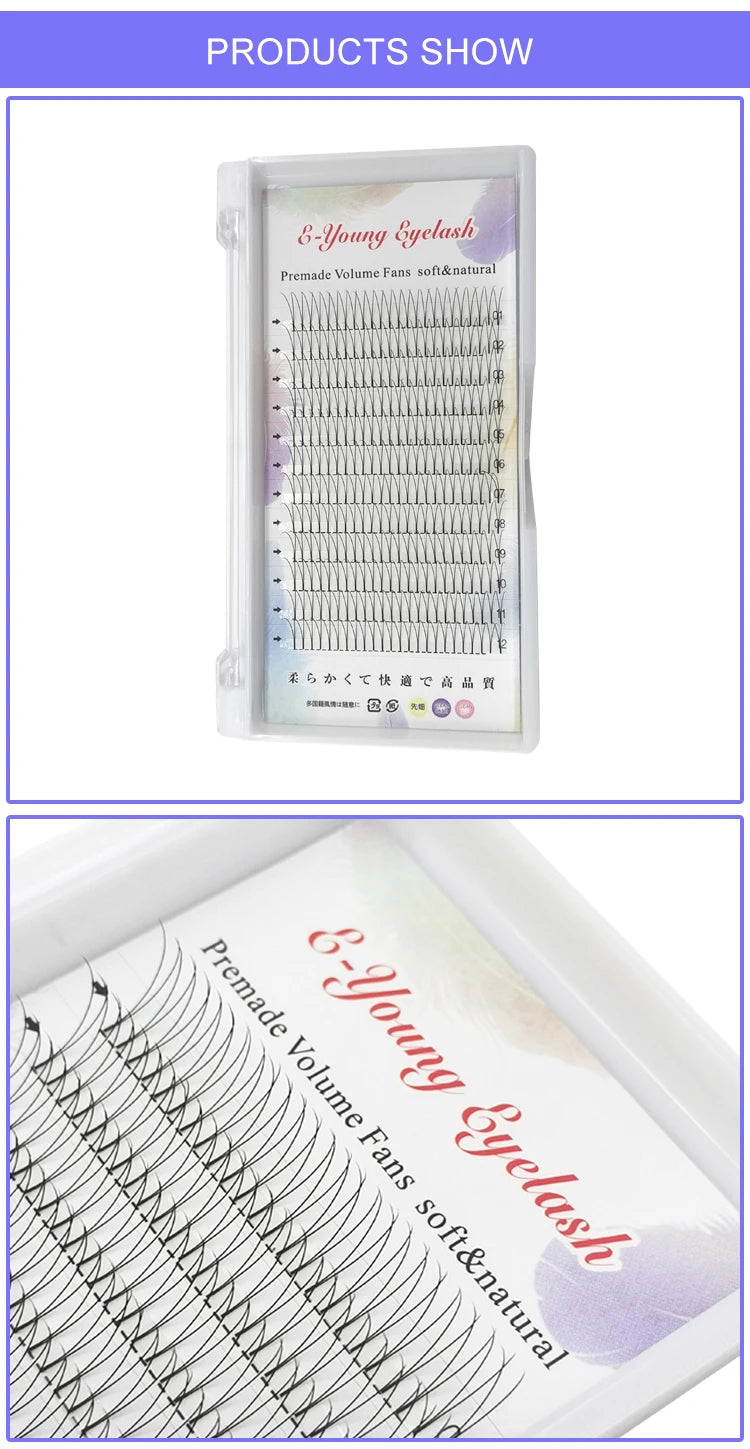 E-young 2d Premade Lashes Volume Fans Short Stem C/D Curl 0.1mm Natural False Eyelashes Extensions Premade Fans Wholesale Makeup