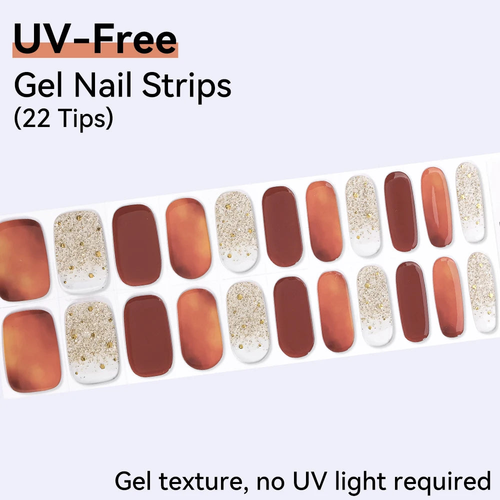 UV FREE Fully Cured Gel Nail Strips 16/22 Tips Self Adhesive Gel Nail Stickers DIY Nail Art Manicure DON'T NEED UV LAMP