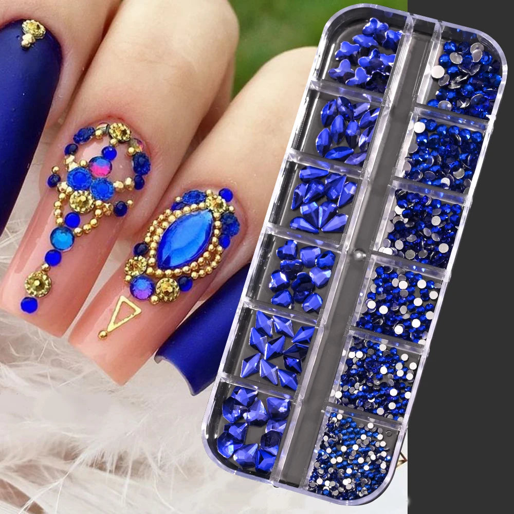 12Grids 3D Gold/Champagne Nail Art Rhinestones Mixed-Shapes Flat-Back Glass Diamonds Nails Charms Luxury DIY Manicure Decoration