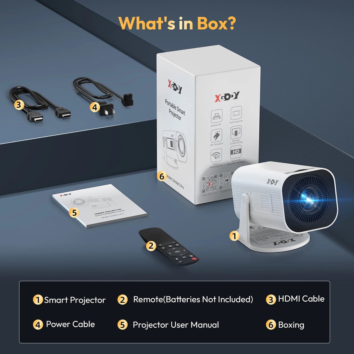 XGODY Gimbal 3 Pro Mini Smart Projector, 300 ANSI, Native 720P, Android 14, WiFi 6 & BT 5.4, Auto Keystone Correction, Wireless Screen Mirroring, 20-120 Inch HD Home Theater Projector for Bedroom Movies Gaming, Support HDMI U