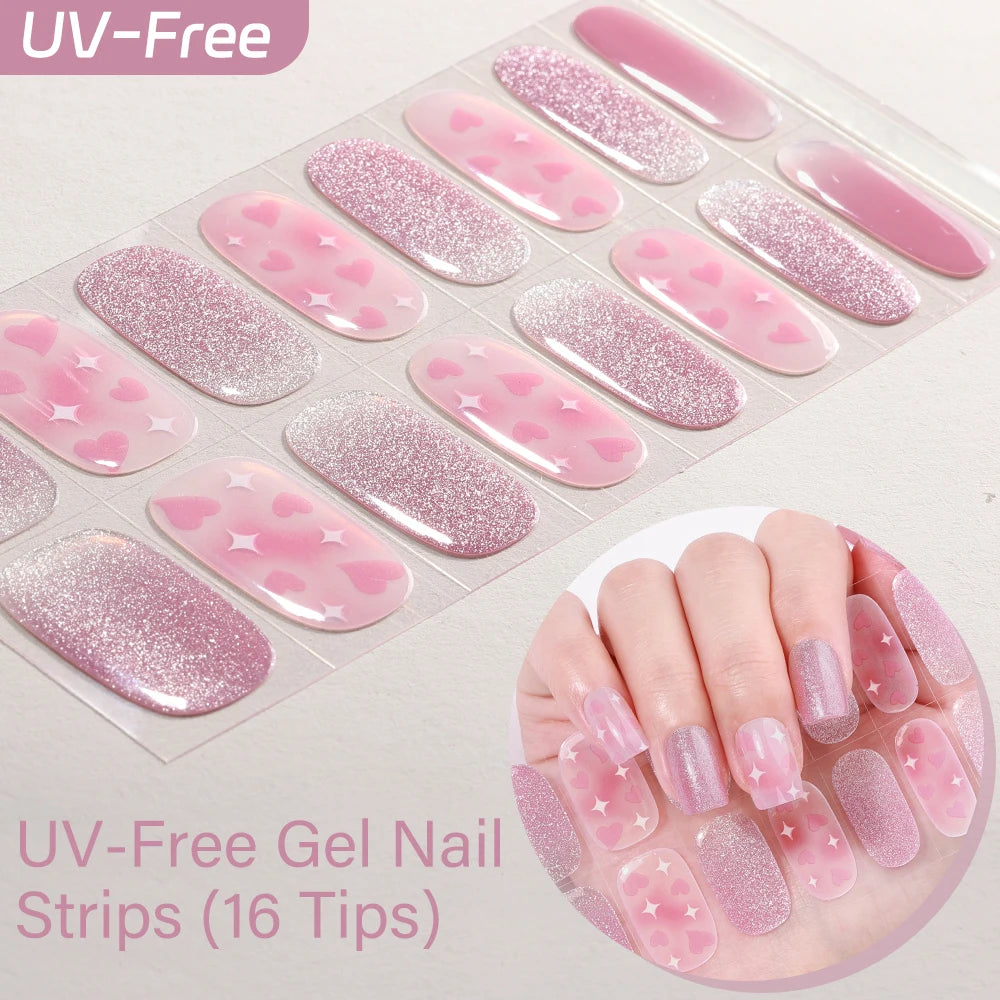 UV FREE Fully Cured Gel Nail Strips 16/22 Tips Self Adhesive Gel Nail Stickers DIY Nail Art Manicure DON'T NEED UV LAMP