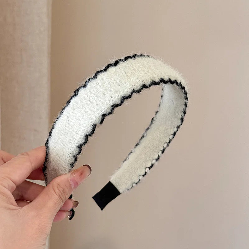 Autumn Winter Plush Ribbon Headbands Black White Cashmere Knit Hairband Women's Elegant Hair Accessories Warm Headwrap Non-slip