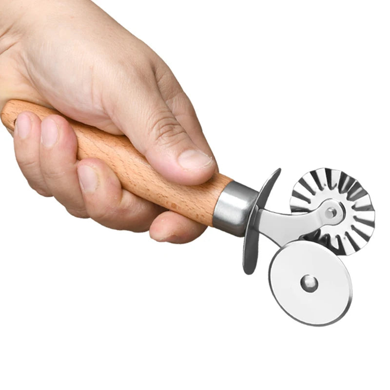 【M】Pasta Cutter Wheel - Fluted Pastry Cutter Double Wheel Ravioli Cutter Tool With Wooden Handle For Pasta Pizza Ravioli Cookie