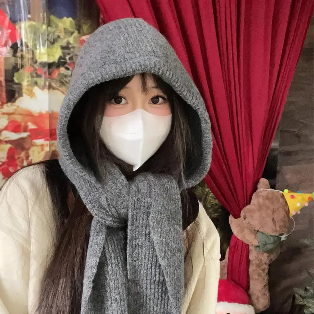 Winter Hats for Women Knitted Polyester Hooded Scarf Hat for Women Balaclava Knit Skull Cap Beanie Hat