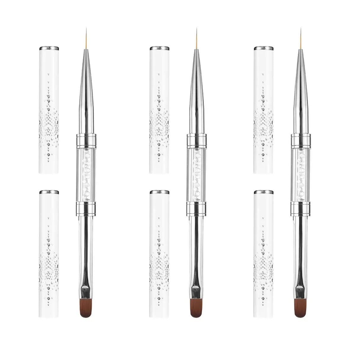 1/2/3Pcs Double Ended Nail Art Brush Set Oval Gel Liner Poly Gel with Steel Pusher Rhinestone Handle French Manicure UV Gel