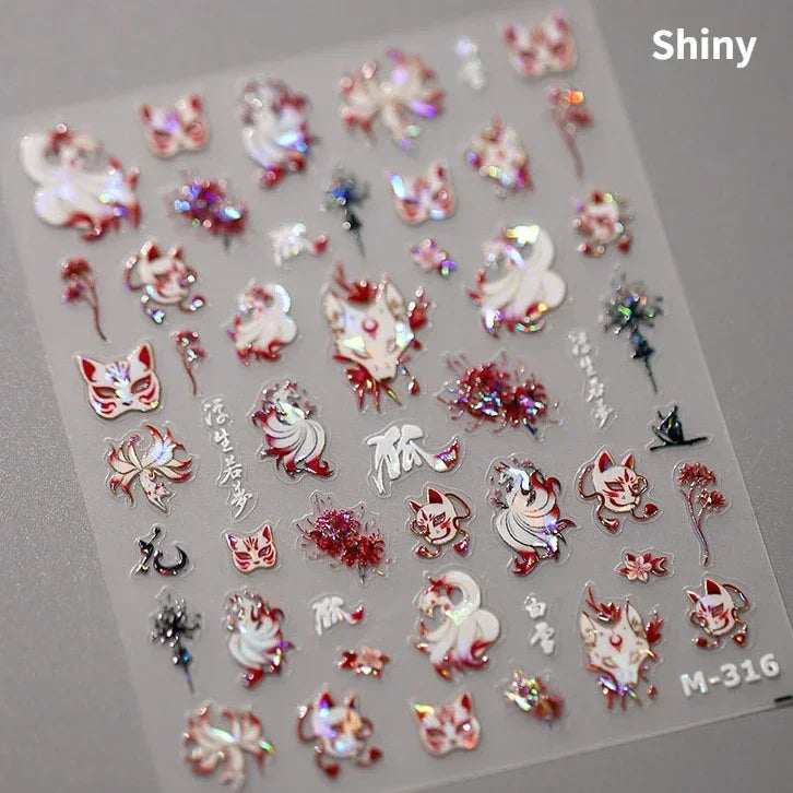 Elegant Chinese Charm Shiny Nine-tailed Fox Mask Red Equinox Flowers Tragedy Love Soft Reliefs Nail Art Stickers Manicure Decals