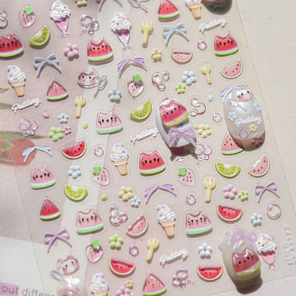 Sweet Summer Delicious Watermelon Ice Cream 5D Nail Art Sticker Elegant Bowknot Cool Ice Square Jelly Nail Decals for Manicure
