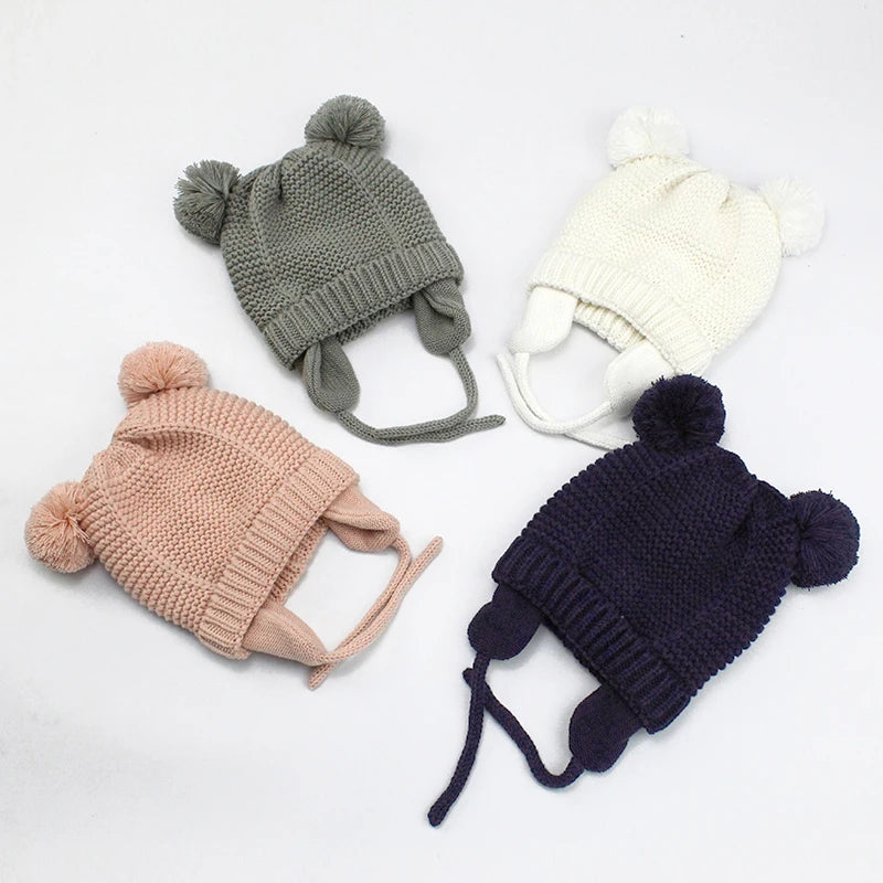 Winter Baby Hat for 0-12month Boy Girls Accessories Knited Cap Kids Hat Fleece Warm Gloves Thick Winter Ear Kids Hat Baby Bonnet