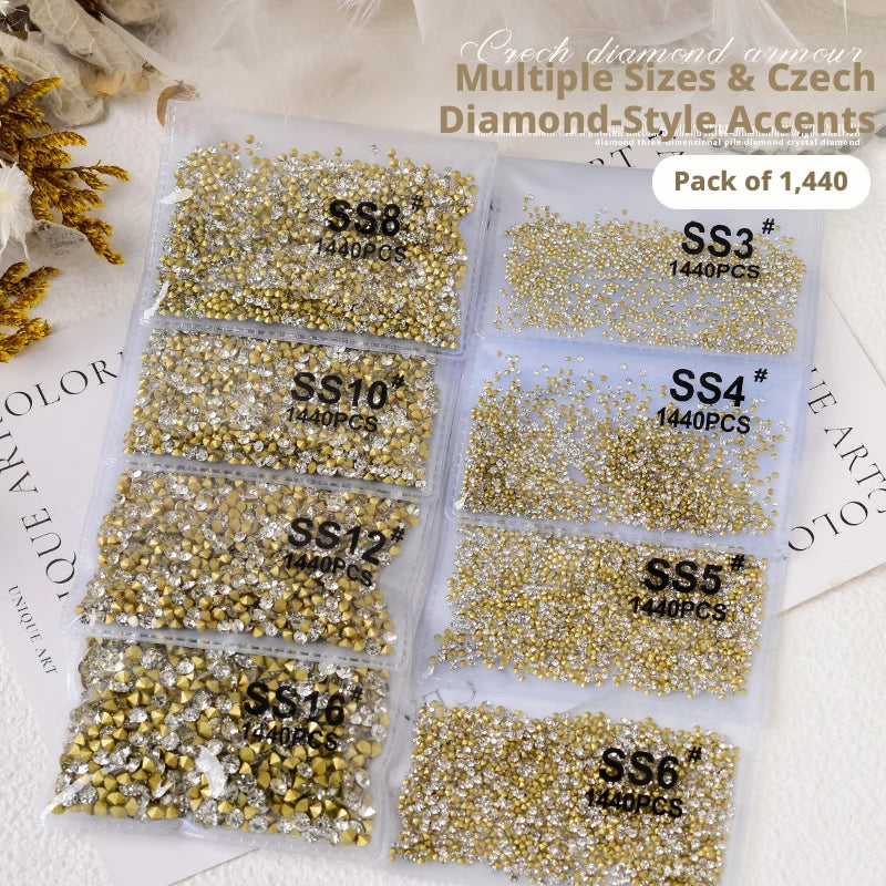 YYM 1440PCS Glitter AB Clear Nail Rhinestones Pointed Bottom Round Glass Crystal Nail Diamond Gems Nail Art Decor Accessories