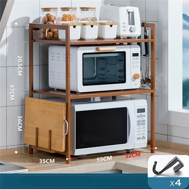New Kitchen Countertops Storage Shelf Multi-Layer Bamboo Adjustable Microwave Oven with Hanging Hook Chopping Board Holder