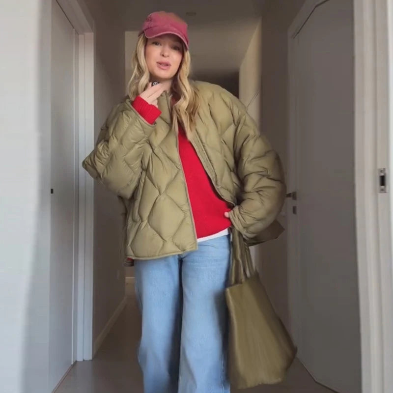 Women Diamond Quilted Puffer Jacket Stand Collar Zip Up Loose Oversized Short Coat 2026 Autumn Winter Casual Street Outerwear