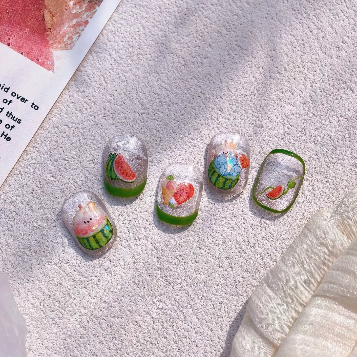 Sweet Summer Delicious Watermelon Ice Cream 5D Nail Art Sticker Elegant Bowknot Cool Ice Square Jelly Nail Decals for Manicure