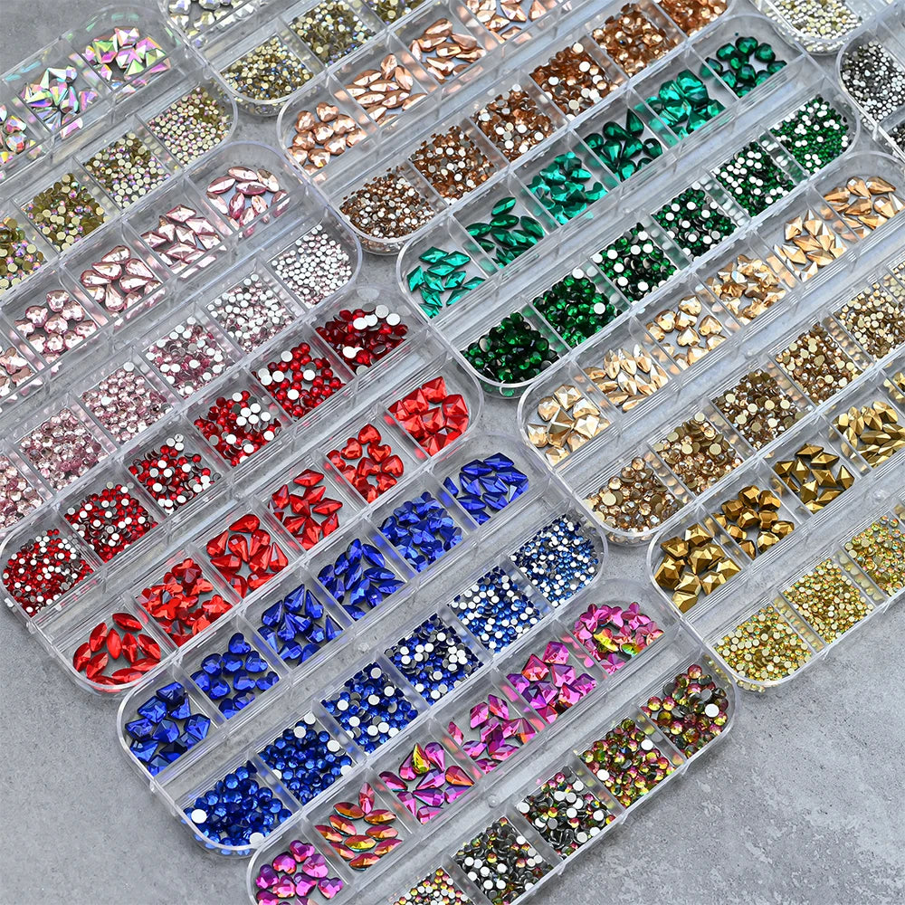 12Grids 3D Gold/Champagne Nail Art Rhinestones Mixed-Shapes Flat-Back Glass Diamonds Nails Charms Luxury DIY Manicure Decoration