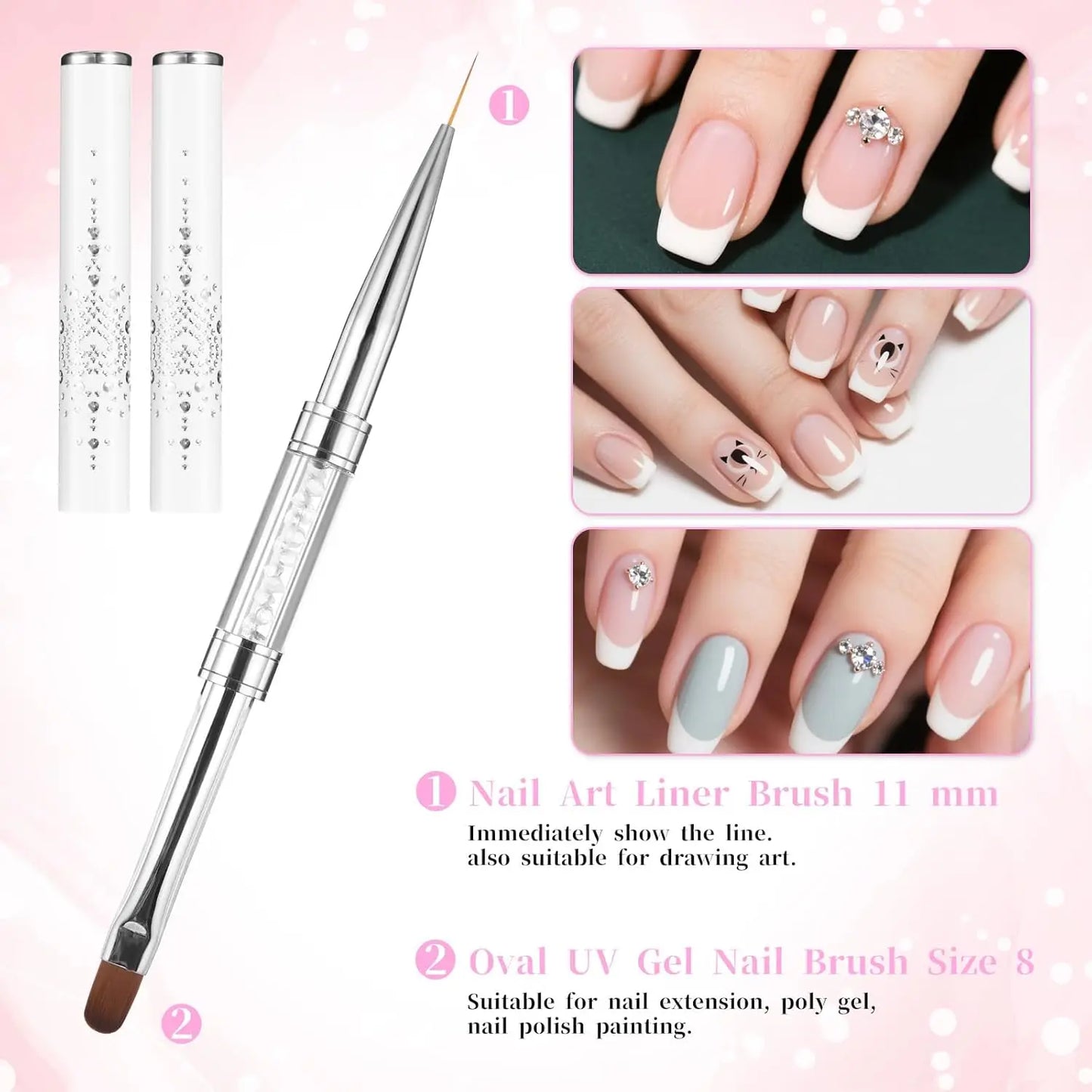 1/2/3Pcs Double Ended Nail Art Brush Set Oval Gel Liner Poly Gel with Steel Pusher Rhinestone Handle French Manicure UV Gel