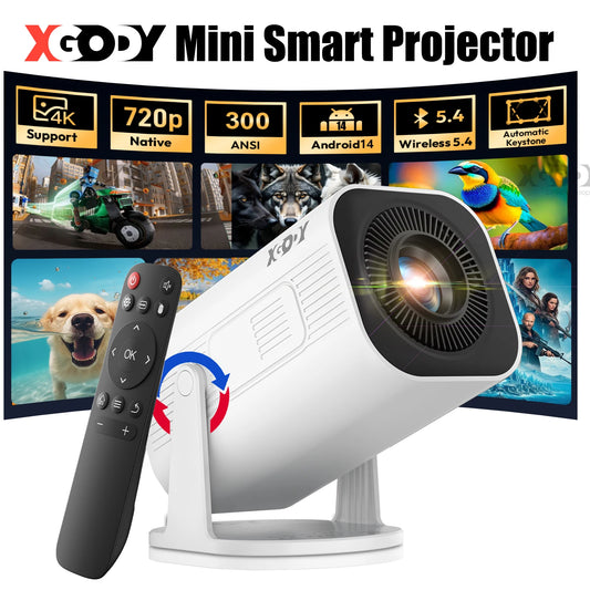 XGODY Gimbal 3 Pro Mini Smart Projector, 300 ANSI, Native 720P, Android 14, WiFi 6 & BT 5.4, Auto Keystone Correction, Wireless Screen Mirroring, 20-120 Inch HD Home Theater Projector for Bedroom Movies Gaming, Support HDMI U