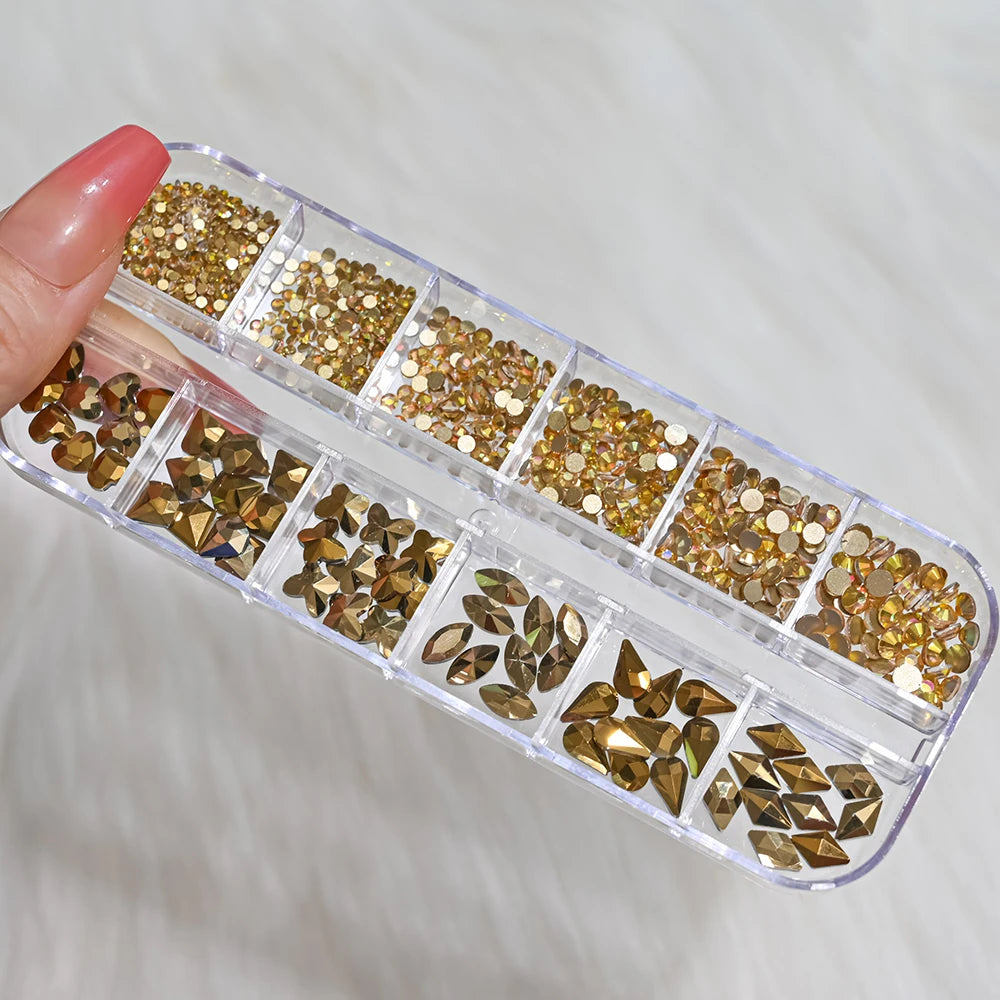12Grids 3D Gold/Champagne Nail Art Rhinestones Mixed-Shapes Flat-Back Glass Diamonds Nails Charms Luxury DIY Manicure Decoration