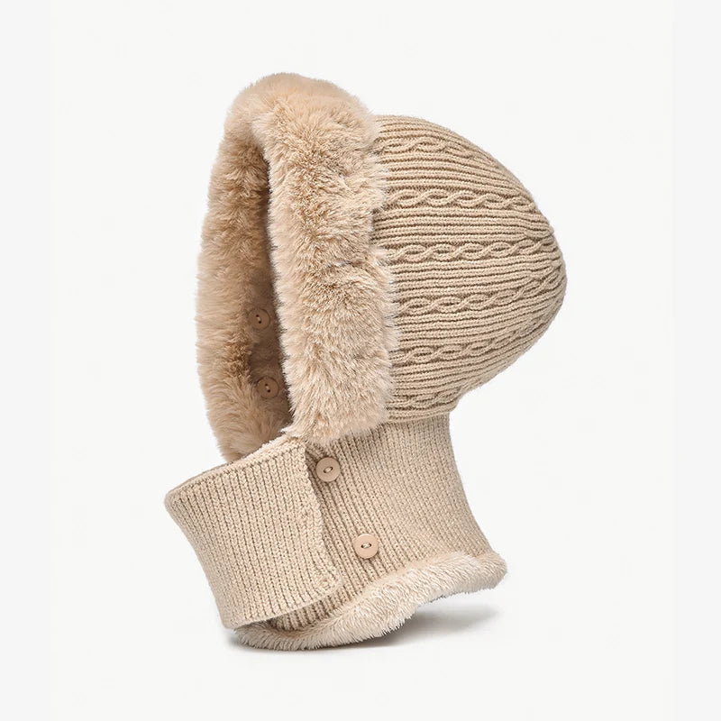 BeauToday Winter Knitted Hat Women Faux Fur Ear Protection Beanies Female Hooded Neck Collar Adjustable Earflap Caps 96502