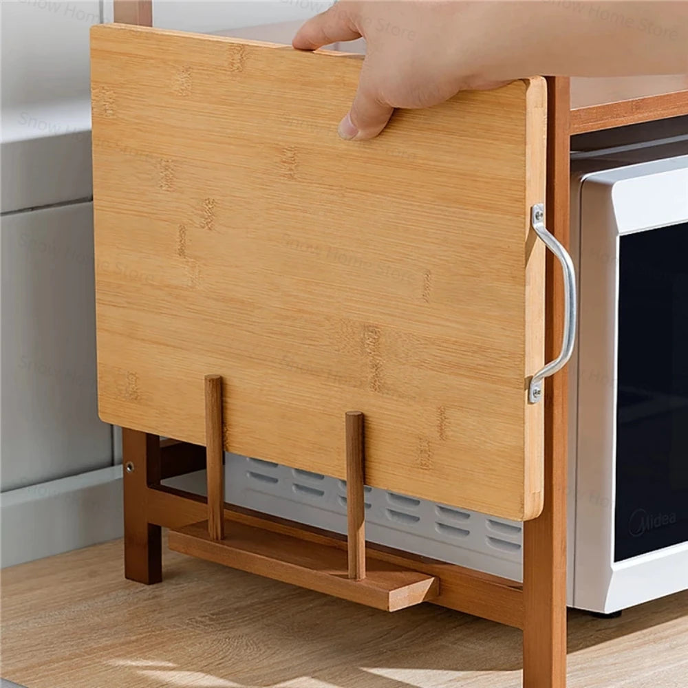 New Kitchen Countertops Storage Shelf Multi-Layer Bamboo Adjustable Microwave Oven with Hanging Hook Chopping Board Holder